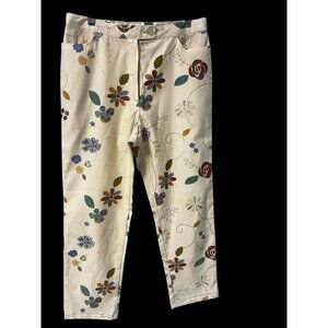 Floral Embroidered Cream Pants WOMEN MEDIUM MULTI COLOR Pockets & Button Closure